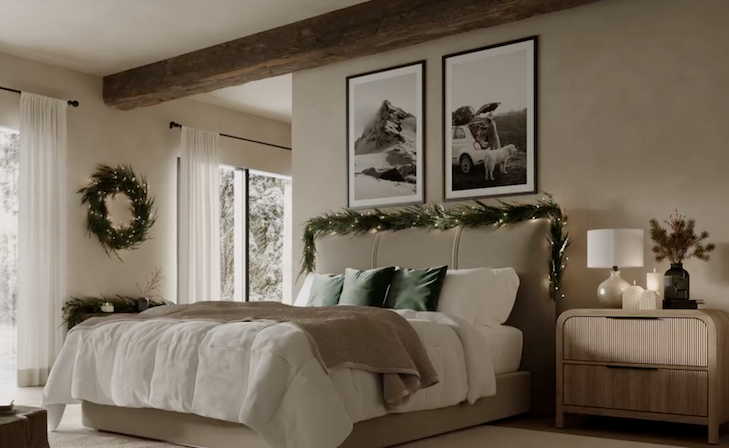 Cozy bedroom with festive decorations.