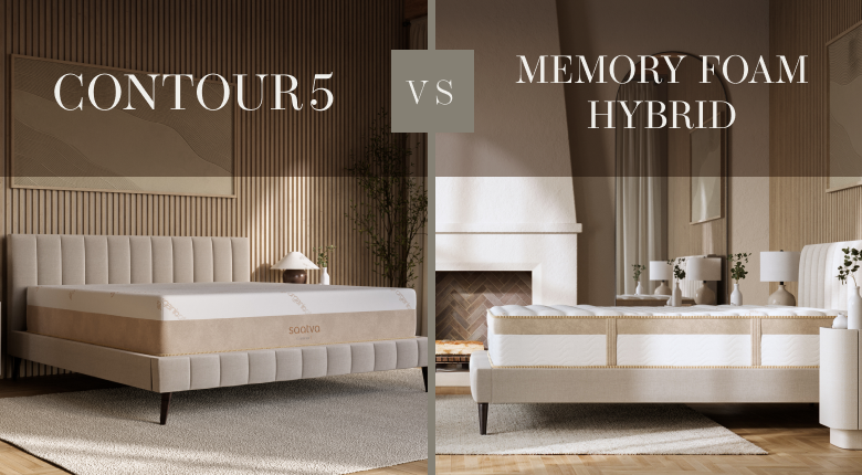 Two mattress types comparison side-by-side - contour5 vs saatva memory foam hybrid