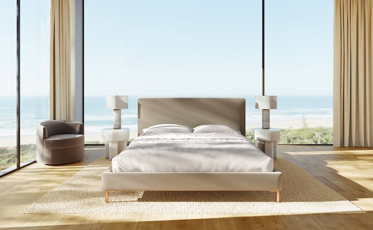 Modern bedroom with ocean view - saatva rhodes bedframe with headboard